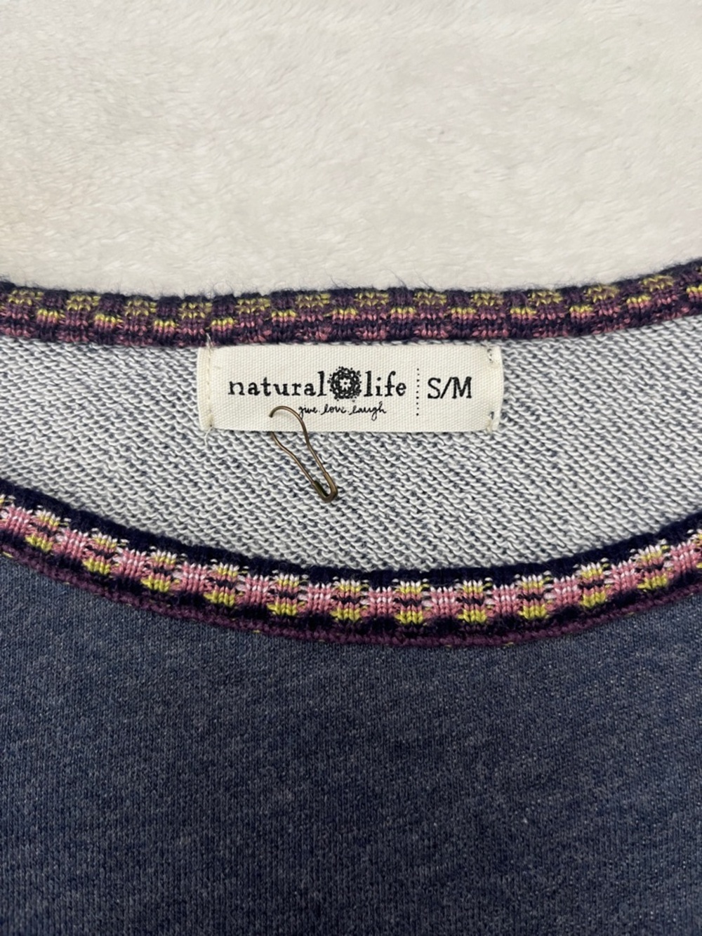 Natural Life Boho Oversized Knit Trim Sweatshirt Blue S/M Raw Hem - Picture 10 of 13